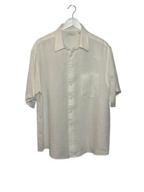 European Turnbury 100% linen white short sleeve button down shirt with chest poc
